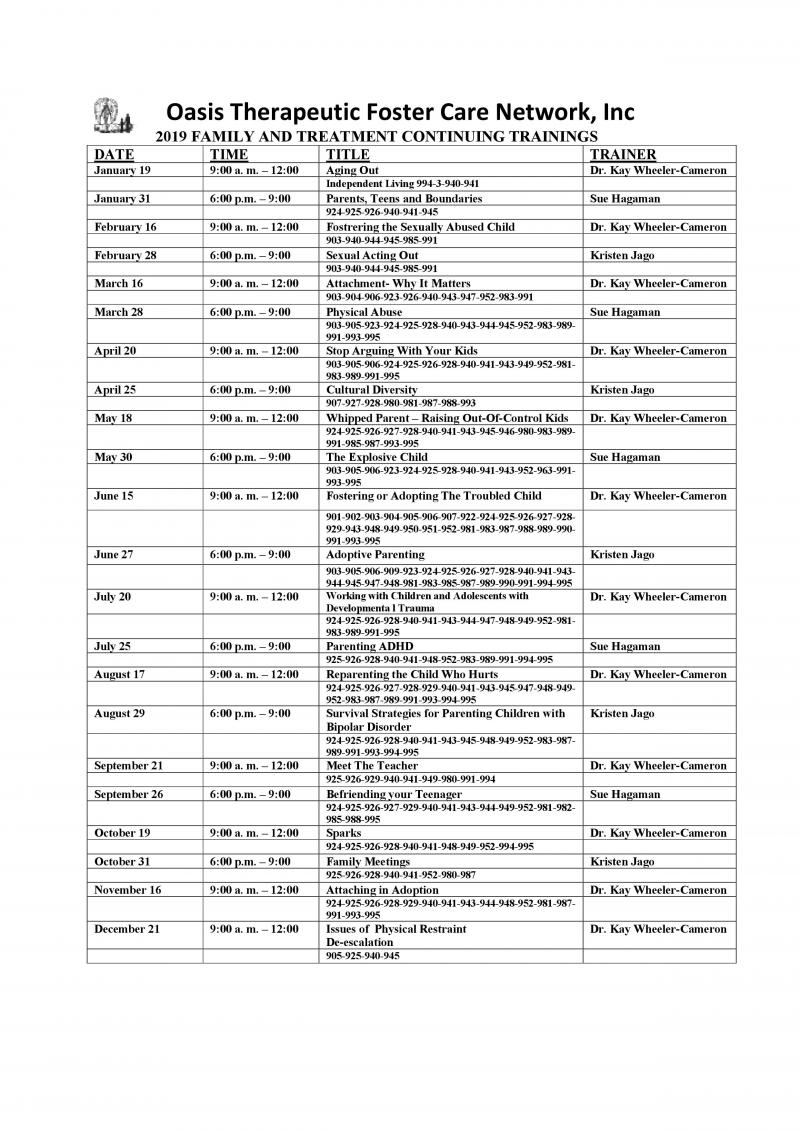 2019 Training Schedule